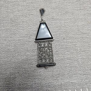 Onyx and Marcasite Geometric Brooch Vintage Sterling Silver